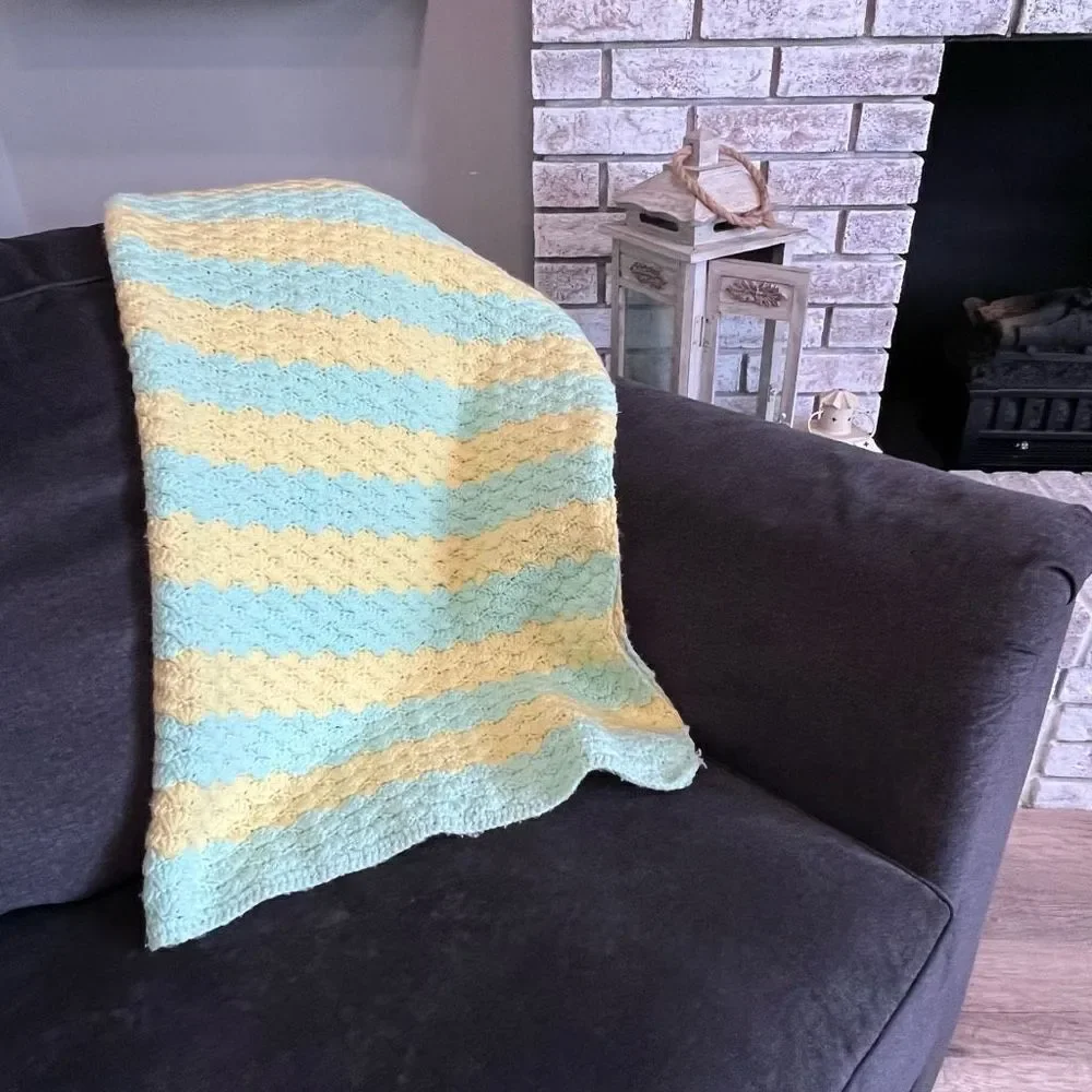 Vintage Handmade Mint Green & Yellow stripe afghan lap‎ blanket throw camp